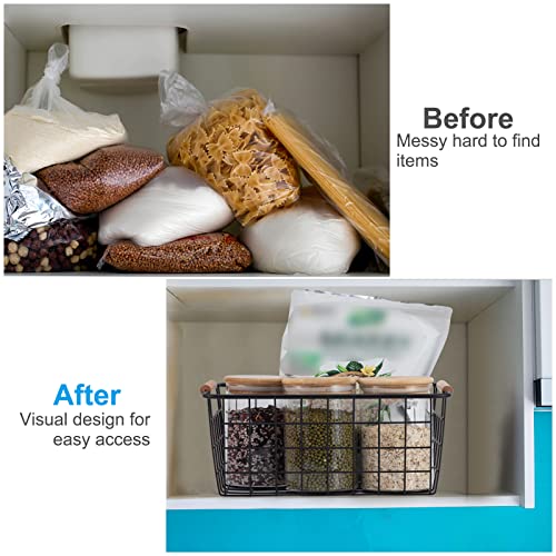 Black 2PCS Wire Storage Baskets with Wooden Handles - Organizing Pantry and Kitchen Cabinets - Metal Wire Food Storage Basket