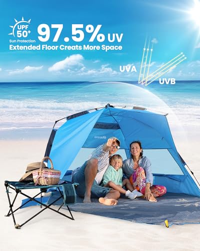 OutdoorMaster Beach Tent Sun Shelter for 3-4 Person, Pop Up Beach Tent Easy Setup with Sandbags, Portable Sun Shade Canopy...