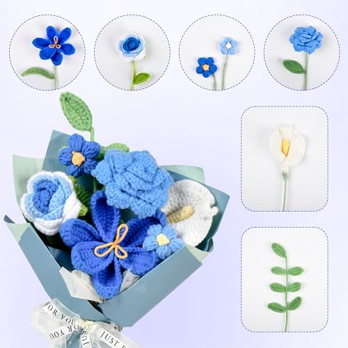 MengxFly Crochet Flower Bouquet Blue, Handmade Crochet Flowers Bouquet, Knitted Floral Gift for Her, with Gift Box, Bag an...