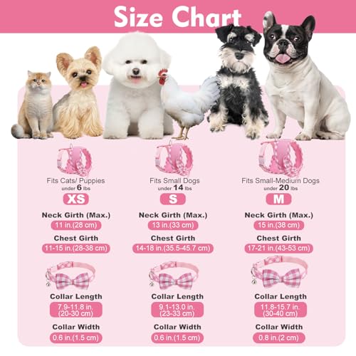EXPAWLORER Cute Dog Harness Collar Leash Set - Pink Girl Dog Harness Checkered Step-in Design, Detachable Bow Pet Collar, ...