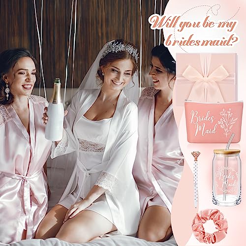 Umigy Bridesmaid Glass Cup Gift Box Set of 5 Include Glass Cup with Lid Makeup Bag Scrunchies Hair Ties Diamond Ballpoint ...