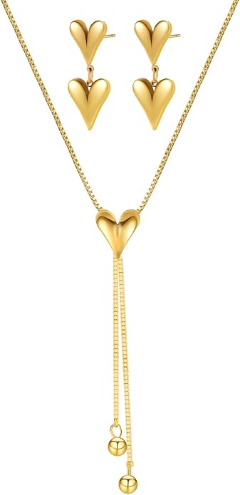 VceTd Vintage Y-Shape Necklace with Double Heart/Flower Earrings Set, 18K Gold Plated Stainless Steel Romantic Jewelry Gif...