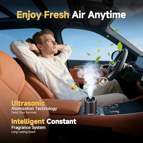 Smart Car Air Freshener with Star Light & Diffusers Oil Refills, Auto On/Off Aroma Diffuser, 3 Adjustable Mist Modes Recha...