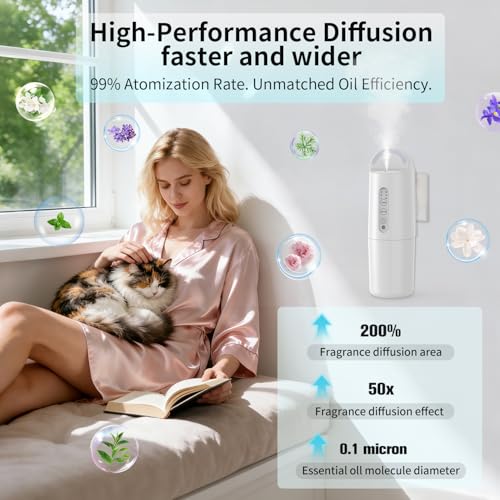 Plug in Waterless Essential Oil Diffuser, Elegant Waterless Scent Diffuser Starter Kit with 24H Smart Timer & Light Senso...