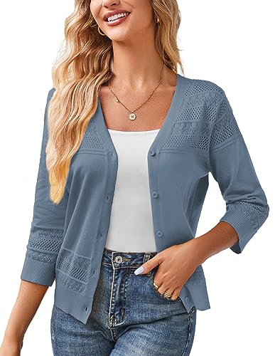 GRACE KARIN Women's 2025 Cropped Cardigan 3/4 Sleeve Lightweight Crochet Shrug Hollowed-Out Knit Sweater Tops