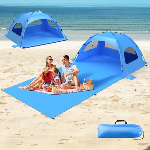 Beach Tent Sun Shelter with Extended Sand Mat 114×82inch，UPF 50+ Protection, 3 Double-Layer Windows for Enhanced Privacy; ...