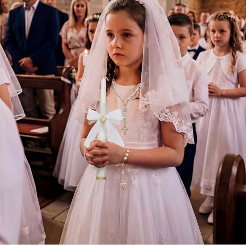 WILLBOND 3 Pcs Baptism Candle Gifts Set First Communion Rosary and Candle Set Catholic Bracelets Cross Necklace Holy Commu...