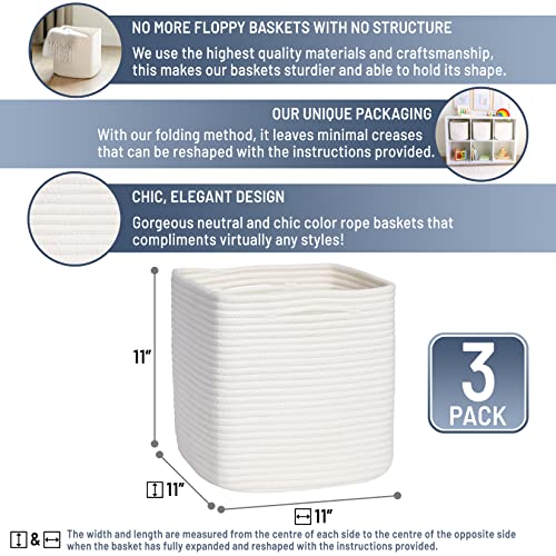 NaturalCozy Storage Cubes 11 Inch Cotton Rope Woven Baskets for Organizing, 3-Pack | Cube Storage Bin | Square Storage Bas...