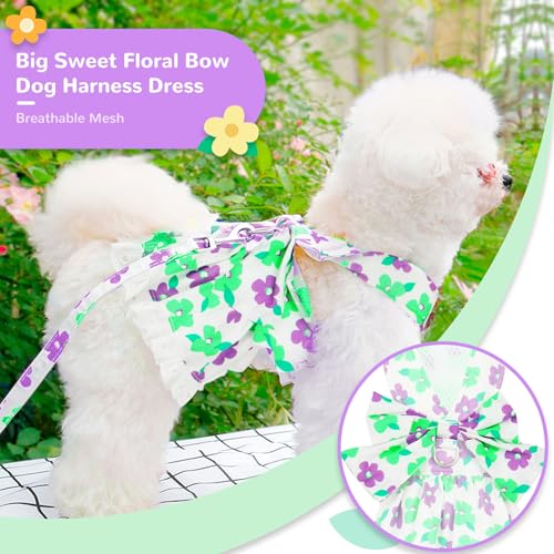 ABRRLO Dog Harness Dress Leash Set for Small Dog Summer Clothes Girl Female Puppy Cats Outfits Cute Floral Bowknot Princes...
