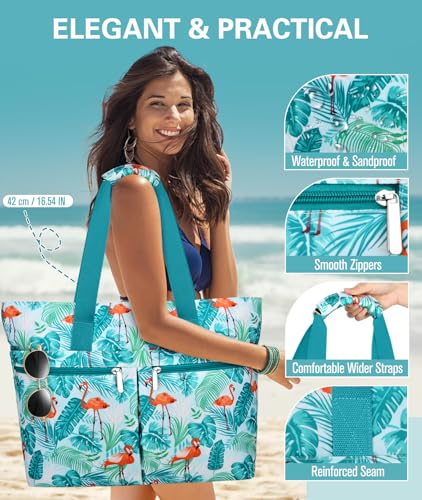HUANLANG Large Beach Bags for Women Pool Bag with Zipper, Waterproof Sandproof Beach Tote Travel Bag with Wet Pocket | Wat...