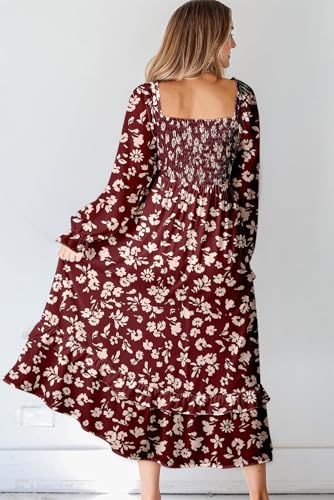 Dokotoo Boho Dresses for Women 2025 Casual Floral Square Neck Long Sleeve Smocked Elastic Waist Tiered Ruffle Hem Maxi Dress