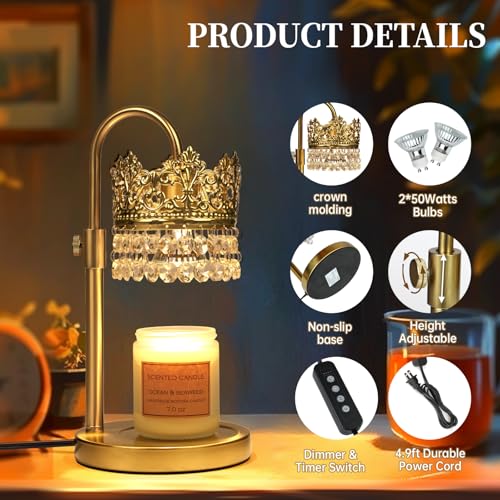 DMBOSS Candle Warmer Lamp with Timer Dimmer Adjustable Height with 2 Bulbs Crystal Candle Lamp Elegant Home Decor for Vale...