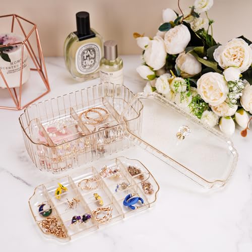 NiHome Transparent 3-Layer Jewelry Organizer Box with Elegant Gold Handle, Efficient Storage Versatile for Earrings, Ring...