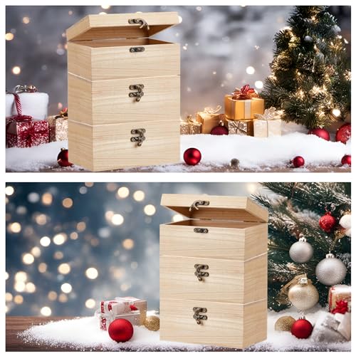 RHBLME 8 Pack Unfinished Wooden Boxes for Crafts, 8 x 4 x 2 Inch Wooden Box with Hinged Lid and Front Clasps, Unpainted Wo...