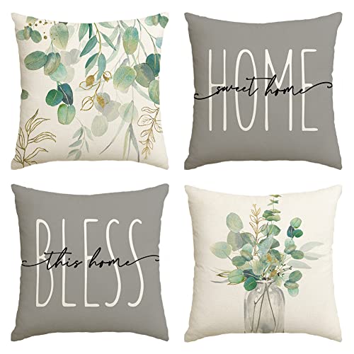AVOIN Colorlife Home Sweet Home Eucalyptus Leaves Throw Pillow Covers 18x18 Inch Set of 4, Spring Summer Seasonal Decorations