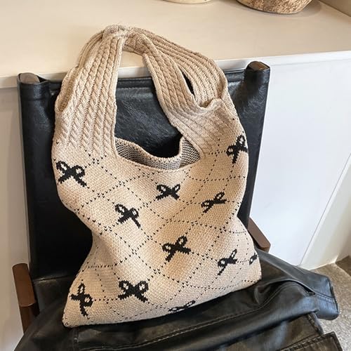 Busnos Beach Bags for Women Coquette Bow Bag Purse Cute Crochet Beach Tote Bag Boho Knit Shoulder Purses Travel Vacation