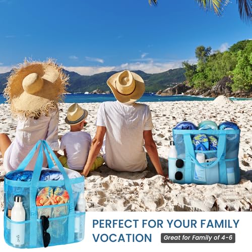 Tavaleu Mesh Beach Bag - Large Beach Tote with Multi Functional Pockets for Family Travel/Vacation