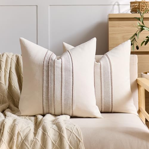 Striped Linen Textured Throw Pillow Covers 18x18 Inch Set of 2,Boho Decorative Cushion Covers, Neutral Beige Accent Pillow...