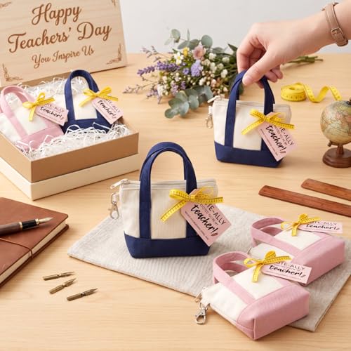 Sunnymove 6 Sets Mini Tote Bag Keychain for Teacher Appreciation Mini Canvas Bag Keychain with Tag Ribbon Raffia Thank You...