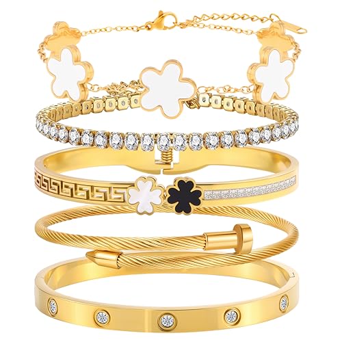 Camhanno 5pcs Gold Stackable Bracelet Set for Women - Stainless Steel Non-Tarnish Clover Lucky Charm Jewelry, Trendy Gift ...
