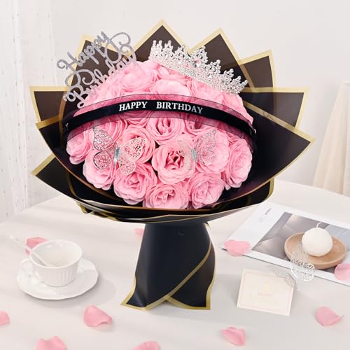 Waipfaru Glitter Roses Bouquet,Birthday Gifts for Women Mom,DIY Fake Flowers Bouquet with Birthday Stand-Up Signs,36 Pink ...