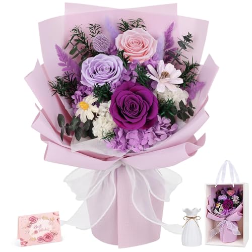 Flowers for Delivery Prime Preserved Flowers Bouquet with Vase That Last 3-5 Years Real Forever Flowers Purple Rose Bouque...