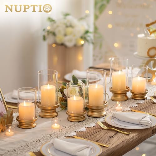 NUPTIO Hurricane Candle Holder Gold: Pillar Candle Holders with Clear Glass Sleeve - Set of 2 Decorative Brass Metal Pilla...