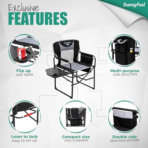 SUNNYFEEL Camping Directors Chair, Heavy Duty,Oversized Portable Folding Chair with Side Table, Pocket for Beach, Fishing,...