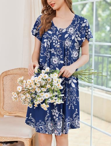 Ekouaer House Dress for Women with Pockets Short Sleeve Moo Moos Plus Size Nightgowns Floral Print Mumu Dresses