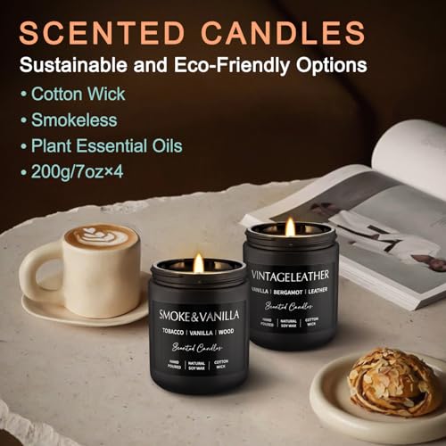 Scented Candles Gift Set - 4 Pack (7oz Each) Soy Wax Aromatherapy Candles with Essential Oils, Smokeless - Leather & Smok...
