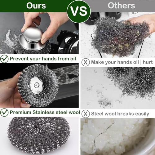 Steel Wool Scrubber with 2 Handles & 3 Replacement Wire Sponge(Scouring Pads) - Stainless Metal Cleaner Heavy Duty Brush f...
