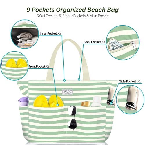HOMESPON Large Waterproof Beach Bag for Women Sandproof Tote Bag Pool Bag with Zipper and Pockets for Travel Vacation Gym
