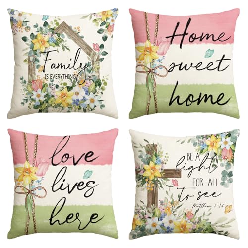 AVOIN colorlife Spring Home Sweet Home Family is Everything Floral Throw Pillow Covers, 18 x 18 Inch Cross Flowers Cushion...
