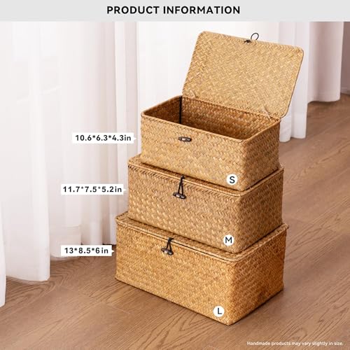 Nonam Storage Basket with Lid, Natural Seagrass Bin with Lid Set of 3, Shelf Baskets Multipurpose Container for Boho Decor...