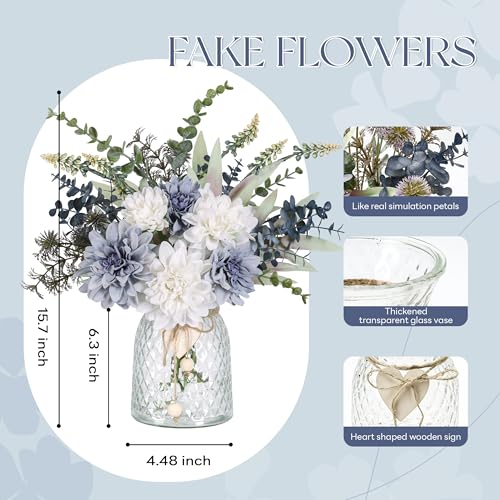 Der Rose Fake Flowers in Vase Silk Artificial Navy Blue Flowers Arrangements with Glass Vase for Dinning Coffee Table Cent...