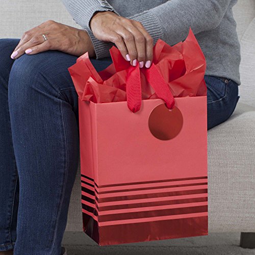 Hallmark 9" Medium Gift Bag with Tissue Paper (Red Foil Stripes) for Christmas, Birthdays, Father's Day, Graduations, Vale...