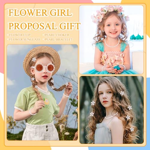 28Pcs Flower Girl Proposal Gift Set - 2 Bags Including Round Flower Sunglasses, Canvas Bag, Pearl Necklace, Bracelet, Hair...