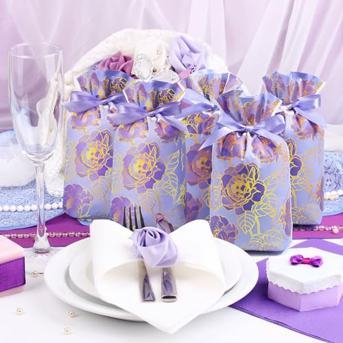 Pasimy 50 Pcs Purple Rose Gift Bag with Drawstring Purple Flowers Party Favor Bags Floral Plastic Candy Goodies Gift Packa...