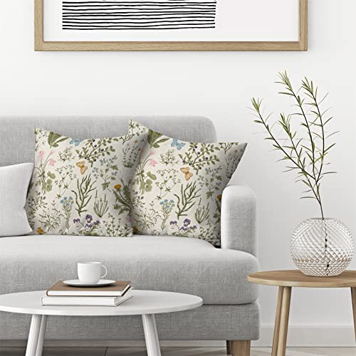 AEIOAE Spring Pillow Covers 18x18 Inch Set of 2,Sage Green Wild Flower Plant Throw Pillows Case,Seasonal Floral Outdoor De...