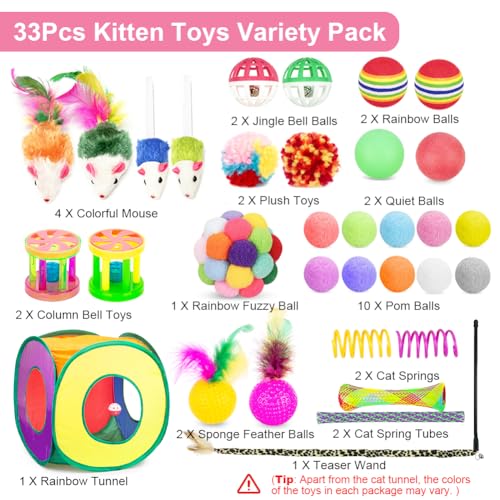 Retro Shaw Cat Toys Pack 33Pcs, Interactive Kitten Toys for Indoor Cats Kitty with Collapsible Play Tunnel Tent, Feather T...