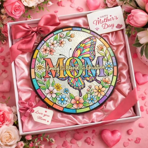 Noni Personalized Grandma Garden Stained Glass Suncatcher, Custom Birth Month Flower Window Hanging Ornament for Mom, Gran...