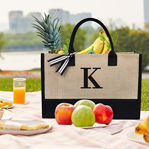 TOPDesign Personalized Initial Canvas Beach Bag, Monogrammed Gift Tote Bag for Women