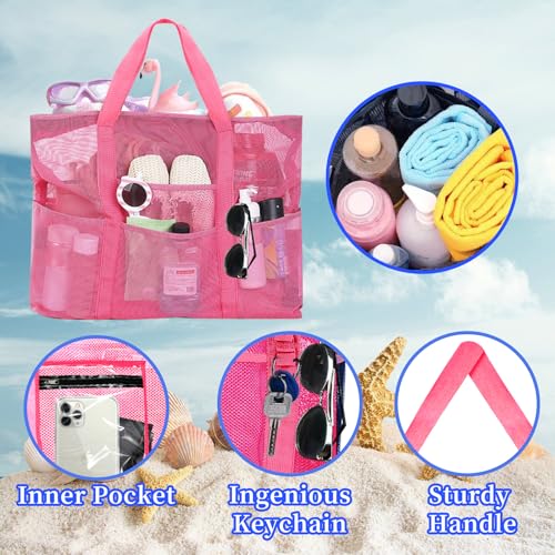 Yunaeduo Large Mesh Beach Bag - Lightweight & Foldable Family Beach Bag with 9 Pockets for Toys, Towels & Vacation Essentials