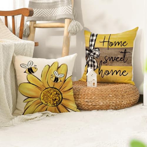 AVOIN colorlife Home Sweet Home Bee Sunflower Throw Pillow Covers, 18 x 18 Inch Love Lives Here Spring Summer Stripes Cush...
