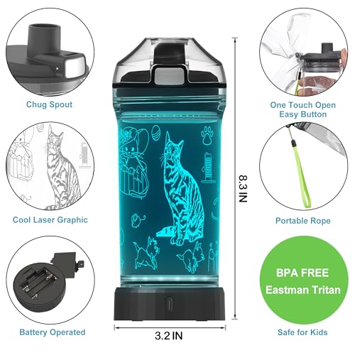 OkiyiD Kids Water Bottle, Cat-themed Light-Up Sport Cup with 3D Glowing LED Cat Light – 14 OZ Tritan BPA-Free - Kids Gift ...