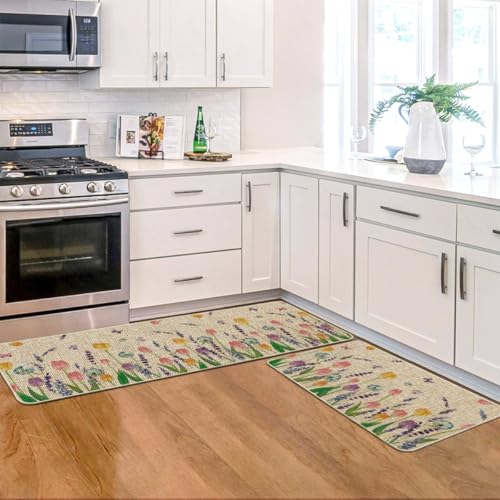 Artoid Mode Lavender Tulip Spring Kitchen Mats Set of 2, Seasonal Flower Summer Home Decor Low-Profile Kitchen Rugs for Fl...