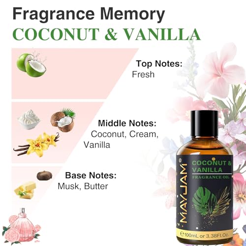 MAYJAM 100ML/3.38FL.OZ Coconut & Vanilla Fragrance Oils with Glass Dropper, Essential Oils for Diffusers for Home, Long La...