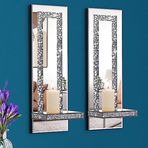 Aeveco Crystal Crush Diamond Mirrored Candle Sconces, Silver Wall Candle holder set of 2, Wall decorations for Living Roo...