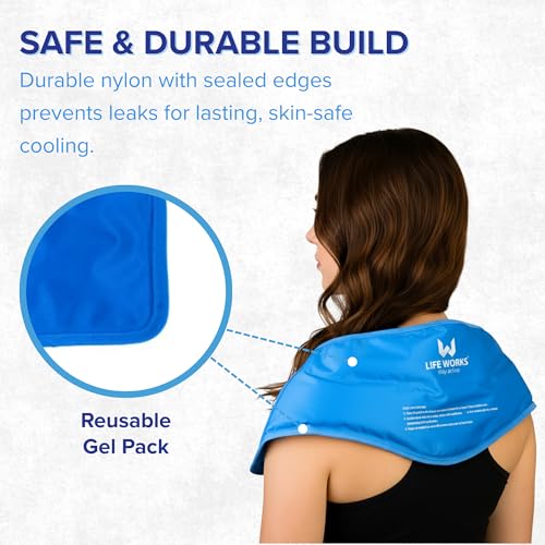 LIFE WORKS Gel Neck Ice Pack Wrap, Flexible Reusable Hot & Cold Pack, Soft Plush & Nylon Cover, Therapy Wrap for Neck, Sho...