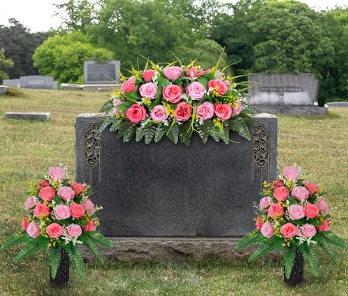 MOOMASS Cemetery Headstone Flower Saddle - Artificial Cemetery Flowers Rose, Grave Decoration，Non-Bleed Colors, and Easy F...